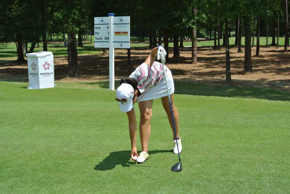 球员使用一个造型独特、色彩鲜艳的恐龙头套作为球杆头套，格外引人注目