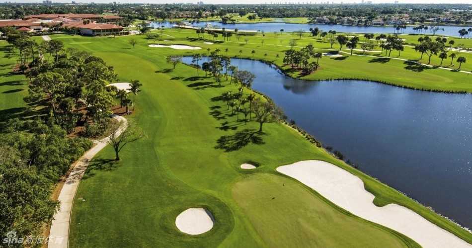 白色沙坑如新月般镶嵌在翠绿的果岭旁，与远处深色的树丛形成鲜明对比，构成一幅极具视觉冲击力的策略性景观。