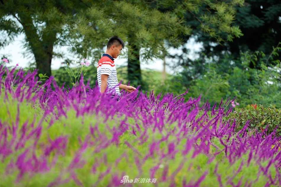 新西兰球员丹尼尔 - 皮尔斯在绿意盎然的球道上专注地进行切杆练习。