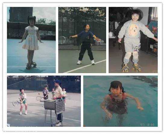 幼年冯珊珊手握儿童高尔夫球杆，在练习场上露出灿烂而专注的笑容，眼中满是对这项运动的好奇与喜爱。