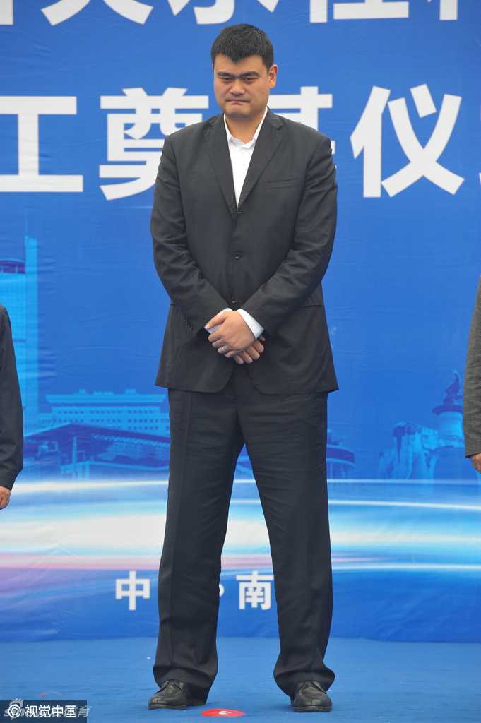 在话筒前，姚明神情严肃地接受媒体采访，他用手比划着，正在解释家装材料中的有害物质对人体健康的长远影响。