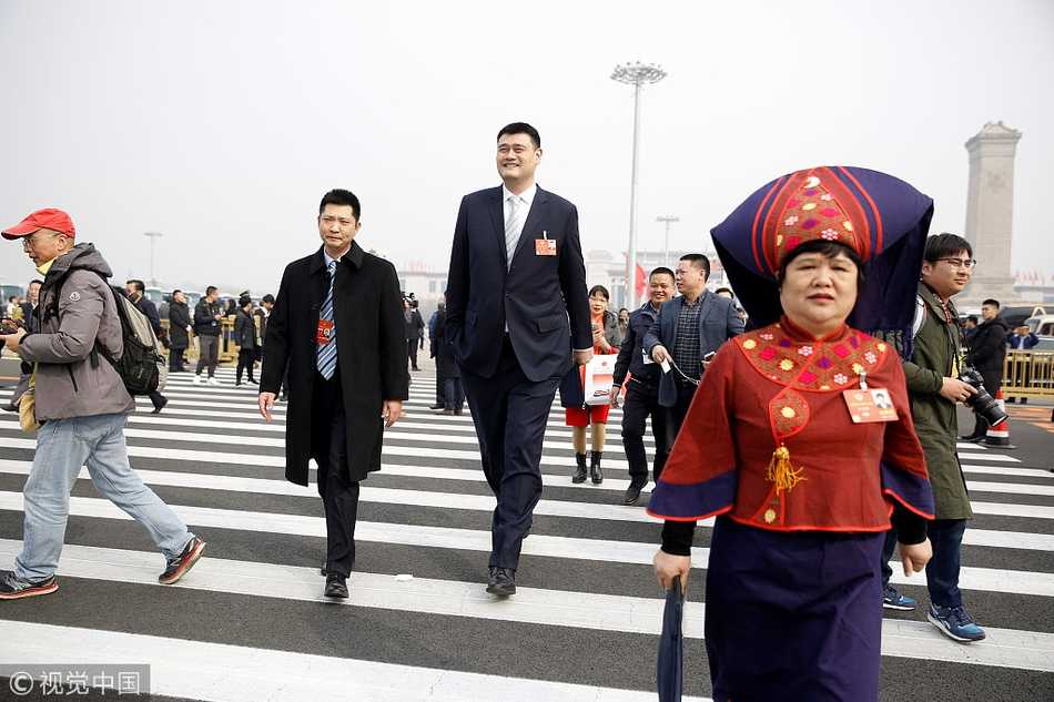 姚明在人民大会堂的台阶上被围得水泄不通，他双手自然下垂，耐心地挪动脚步，身边的女记者高举录音笔，脸上带着急切而兴奋的笑容，场面热烈而有序。