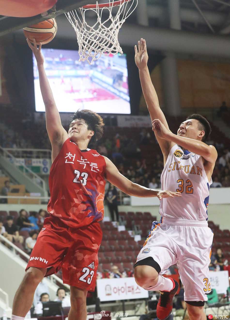 四川品胜男篮全体将士在韩国安阳体育馆内捧起冠军奖杯，球员们脸上洋溢着胜利的喜悦，刘炜高举奖杯与队友们共同庆祝这历史性的一刻